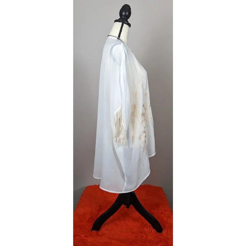Ella Blue Cream White Floral Embroidered Fringe Sleeves Sheer Kimono M/L